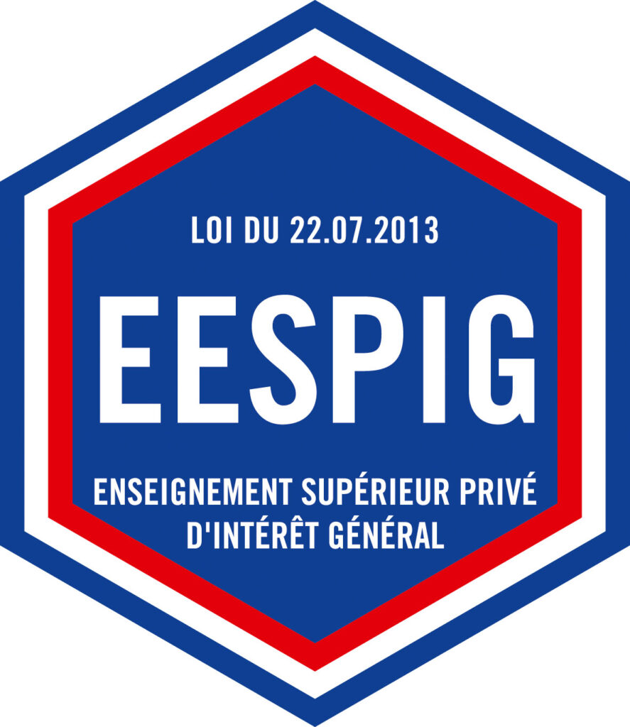 Logo hexagonal bleu, blanc et rouge portant l'inscription "EESPIG - Enseignement Supérieur Privé d'Intérêt Général - Loi du 22.07.2013".