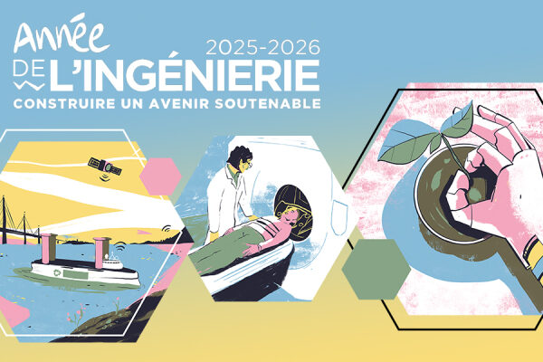 Une bannière colorée pour "L'Année de l'Ingénierie 2025-2026 : Construire un avenir soutenable". Elle présente trois hexagones illustrés : le premier avec un pont, un navire autonome et un satellite pour l'ingénierie des infrastructures et du transport ; le deuxième avec un médecin et une patiente dans un scanner médical pour l'ingénierie biomédicale ; et le troisième avec une main robotique plantant un jeune arbre pour l'ingénierie environnementale et durable.