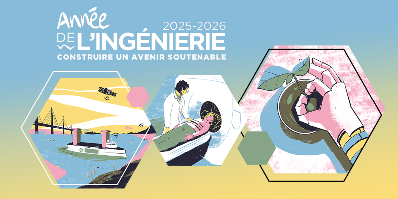 Une bannière colorée pour "L'Année de l'Ingénierie 2025-2026 : Construire un avenir soutenable". Elle présente trois hexagones illustrés : le premier avec un pont, un navire autonome et un satellite pour l'ingénierie des infrastructures et du transport ; le deuxième avec un médecin et une patiente dans un scanner médical pour l'ingénierie biomédicale ; et le troisième avec une main robotique plantant un jeune arbre pour l'ingénierie environnementale et durable.