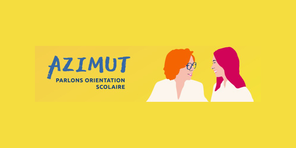 Cette image présente une illustration graphique montrant deux femmes échangent un sourire, dans un style dessiné aux couleurs vives. En dessous figure le titre du podcast « Azimut – Parlons Orientation ». Le visuel symbolise la discussion, l’accompagnement et la bienveillance au cœur des contenus proposés par Azimut pour aider les familles dans l’orientation scolaire et professionnelle.