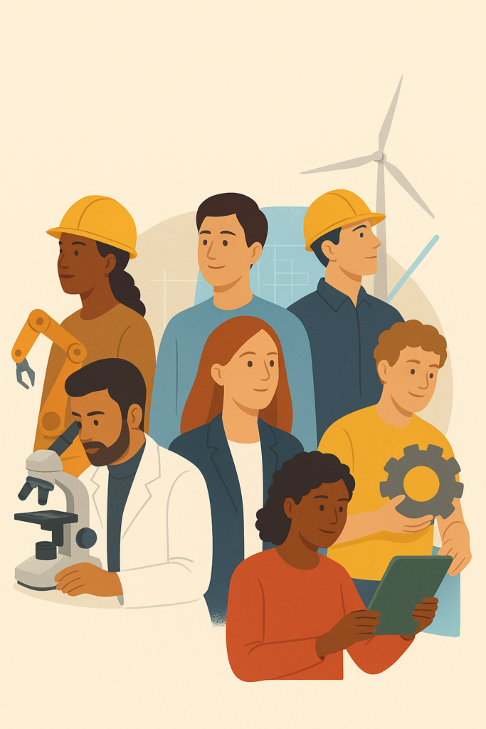 Illustration montrant une diversité d’ingénieurs et ingénieures exerçant différents métiers, entourés d’éléments technologiques comme une éolienne, un bras robotisé et un microscope.