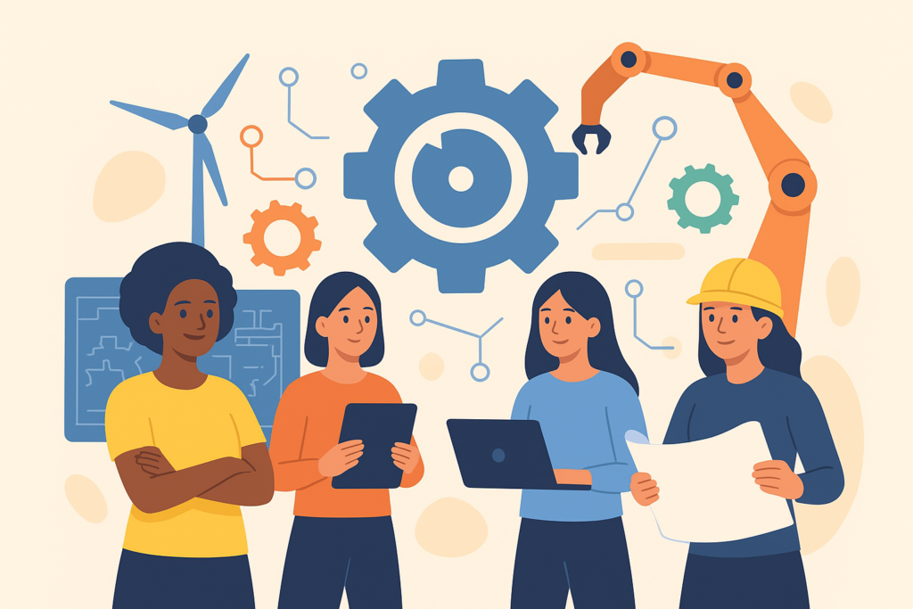 Illustration de quatre jeunes femmes d’origines diverses travaillant dans un environnement d’ingénierie, entourées d’éléments techniques comme des engrenages, une éolienne et un bras robotisé.