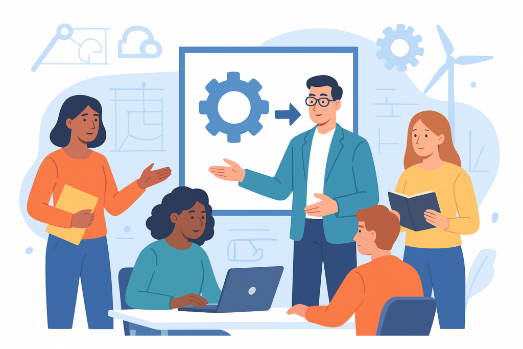 Illustration de plusieurs enseignants participant à un atelier de formation en ingénierie, échangeant autour de schémas techniques et d’un tableau présentant un engrenage.