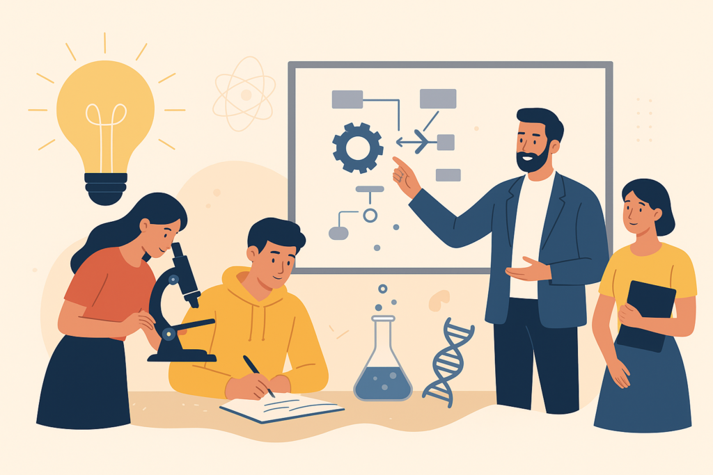 Illustration de plusieurs enseignants participant à un atelier de formation en ingénierie, échangeant autour de schémas techniques et d’un tableau présentant un engrenage.