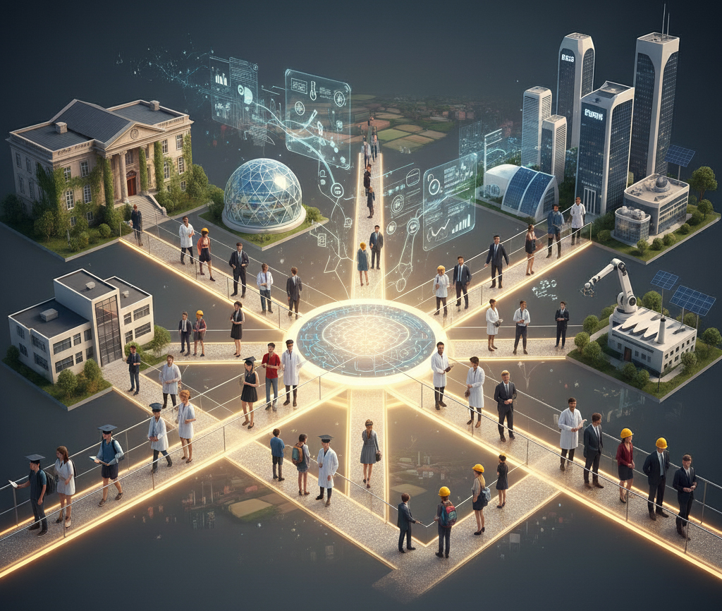 Une illustration isométrique détaillée représentant des passerelles lumineuses reliant des bâtiments symbolisant l'enseignement (universités, écoles), la recherche (laboratoires) et le monde économique (entreprises technologiques). Des groupes de personnes (élèves, étudiants, enseignants, professionnels) interagissent sur ces passerelles, des interfaces holographiques flottantes affichent des données et des concepts d'ingénierie moderne, le tout sur un fond sombre évoquant un réseau intelligent.