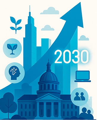 LOGO de la journée de prospection sociale de l'UPES. On y voit une institution politique et un graphique avec noté 2030