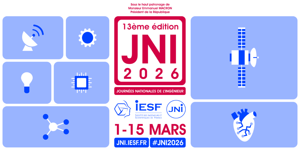 Grande bannière de la 13ème édition des Journées Nationales de l'Ingénieur (JNI 2026), avec de nombreuses icônes technologiques et les informations de l'événement IESF du 1er au 15 mars.
