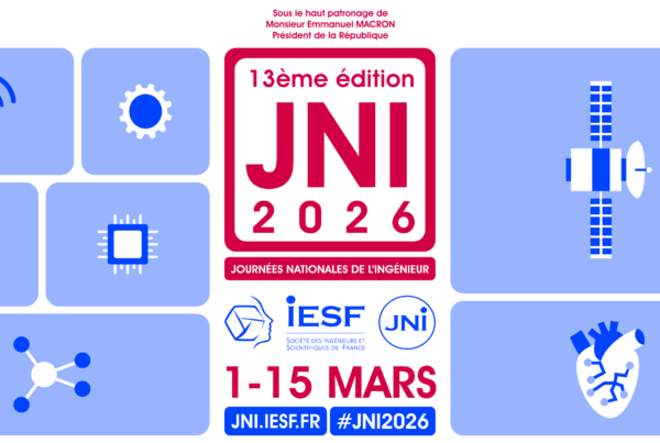 Grande bannière de la 13ème édition des Journées Nationales de l'Ingénieur (JNI 2026), avec de nombreuses icônes technologiques et les informations de l'événement IESF du 1er au 15 mars.