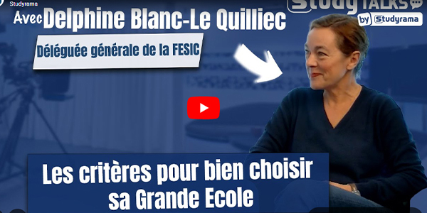 Vignette vidéo Studyrama avec Delphine Blanc-Le Quilliec traitant des critères pour bien choisir sa Grande École.