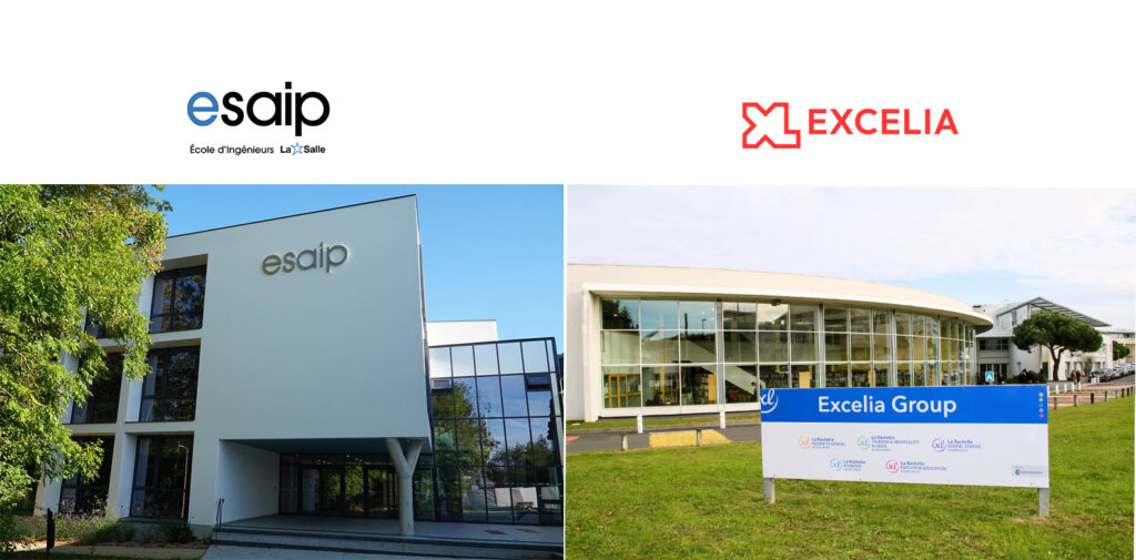 Logos et bâtiments des campus de l'ESAIP École d'Ingénieurs et d'Excelia Group.